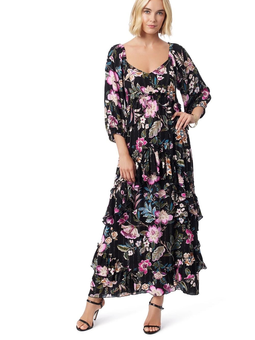 JESSICA SIMPSON Damia Bohemian 3/4-Balloon-Sleeve Orchid Floral Black Maxi Dress